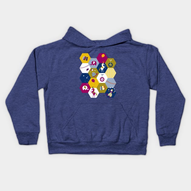 circus hexagons purple olive navy Kids Hoodie by kobyakov